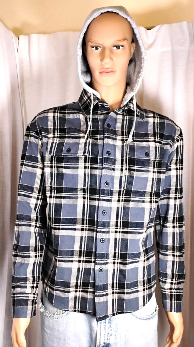 American Eagle Hooded Flannel Shirt Plaid Blue Removable Hood Mens S
